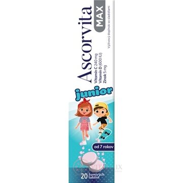 ASCORVITA MAX Junior šumivé tablety pre deti (od 7 rokov), vitamín C, D a zinok, 1x20 ks obrázok