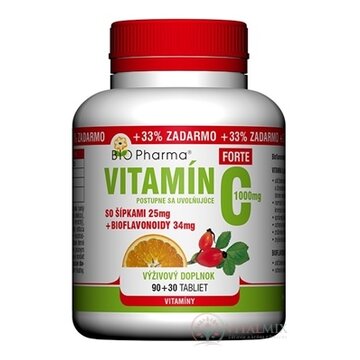 BIO Pharma Vitamín C so šípkami 1000 mg FORTE tbl (šípky 25 mg + Bioflavonoidy 34 mg) 90+30 (+33% ZADARMO) (120 ks) obrázok