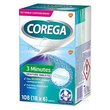 COREGA 3 Minutes DENTURE TABLETS antibakteriálne čistiace tablety 18x6 ks (108 ks) obrázok