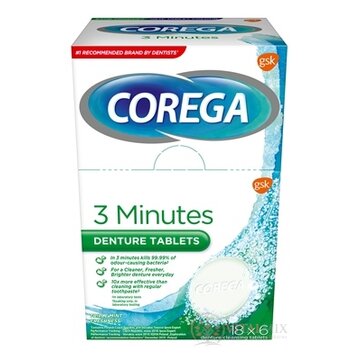 COREGA 3 Minutes DENTURE TABLETS antibakteriálne čistiace tablety 18x6 ks (108 ks) obrázok