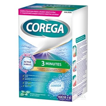 COREGA 3 MINUTES DENTURE TABLETS antibakteriálne čistiace tablety 18x6 ks (108 ks) obrázok