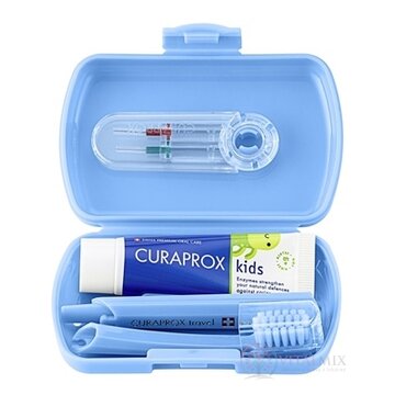 CURAPROX Kids travel set modrý (1x zubná kefka, 2x medzizubná kefka CPS, 1x zubná pasta mäta 6+ 10 ml, 1x nálepka) 1x1 set obrázok