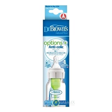 Dr.BROWN´S DOJČENSKÁ FĽAŠA OPTIONS+ 120 ml Narrow, 0M+, anti-colic, plastová, biela (so silikónovým cumľom level-1) 1x1 ks obrázok