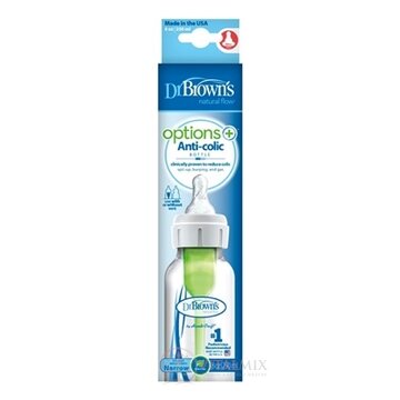 Dr.BROWN´S DOJČENSKÁ FĽAŠA OPTIONS+ 250 ml Narrow, 0M+, anti-colic, plastová, biela (so silikónovým cumľom level-1) 1x1 ks obrázok