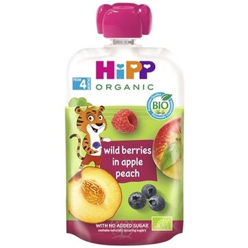 HiPP BIO 100% Ovocie Jablko Broskyňa Lesné ovocie kapsička (od ukonč. 4./6.mesiaca) ovocný príkrm 1x100 g obrázok