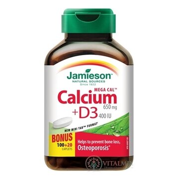 JAMIESON MEGA CAL VÁPNIK + VITAMIN D3 tbl (650 mg/400 IU) 100+20 zadarmo (120 ks) obrázok