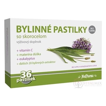 MedPharma BYLINNÉ PASTILKY Bez cukru so skorocelom, materina dúška, vitamín C 1x36 ks obrázok