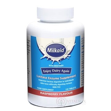 Milkaid Lactase Enzyme Supplement žuvacie tablety s malinovou príchuťou 1x120 ks obrázok