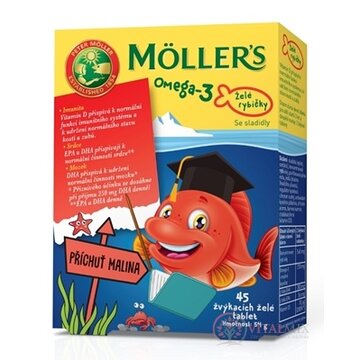 MOLLER´S Omega 3 Želé rybičky žuvacie tablety, malinová príchuť 1x45 ks obrázok