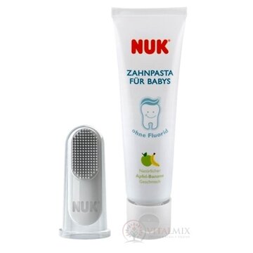 NUK DETSKÁ ZUBNÁ PASTA + NÁPRSTOK bez fluoridu, príchuť jablka a banánu, 40 ml + silikónový náprstok na čistenie, 1x1 set obrázok