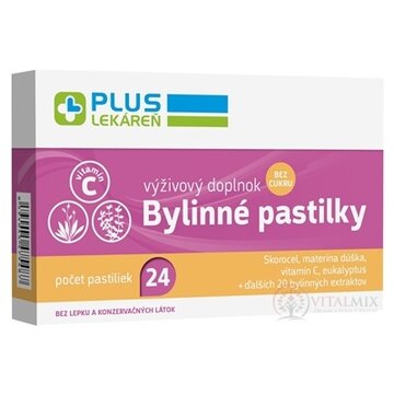 PLUS LEKÁREŇ Bylinné pastilky Bez cukru skorocel, materína dúška, vitamín C, 1x24 ks obrázok