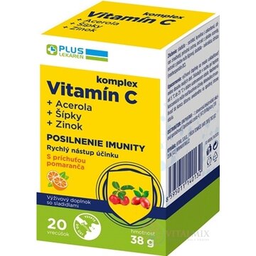 PLUS LEKÁREŇ Komplex vitamín C+acerola+šípky+zinok vrecúška s príchuťou pomaranč 1x20 ks obrázok