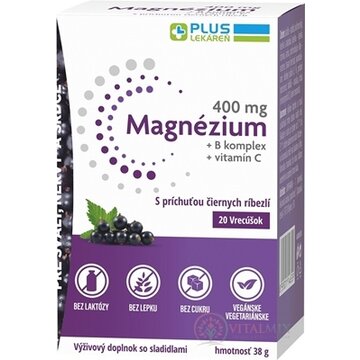 PLUS LEKÁREŇ Magnézium 400 mg+B komplex+vitamín C vrecúška s príchuťou čiernych ríbezlí 1x20 ks obrázok