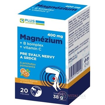 PLUS LEKÁREŇ Magnézium 400 mg+B komplex+vitamín C vrecúška s príchuťou pomaranč 1x20 ks obrázok