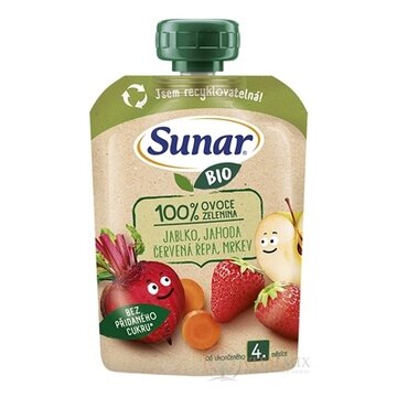 Sunar BIO Jablko Jahoda Červená repa 100% ovocia-zeleniny, kapsička (od ukonč. 4. mesiaca) 1x100 g obrázok
