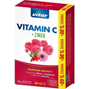 VITAR VITAMÍN C + ZINOK, ECHINACEA A ŠÍPKA tbl oro 30+15 (+50 % zdarma), príchuť malina (45 ks) obrázok