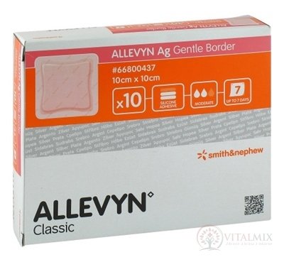 ALLEVYN Ag Gentle Border Krytí na rány 10x10 cm, adhezivní krytí se silikonem o obsahu stříbra 1x10 ks