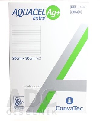 AQUACEL Ag + Extra krytí na rány se stříbrem se zesíleným účinkem, 20x30 cm, 1x5 ks