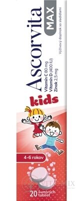 ASCORVITA MAX Kids šumivé tablety pro děti (4-6 let), vitamín C, D a zinek, 1x20 ks