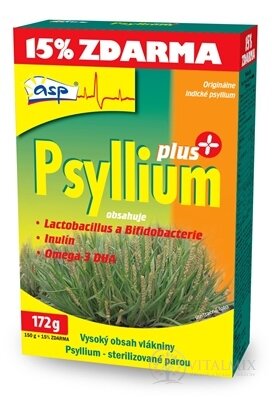 asp Psyllium PLUS Akce (15% ZDARMA) rozpustná vláknina + Laktobacillus, Bbifidobacterium, inulin, Omega-3 (150 g + 15% zdarma) 1x172 g
