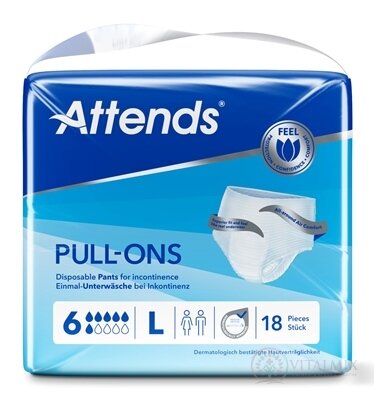 ATTENDS Pull-Ons 6 L elastické inkontinenční kalhotky, savost 2099 ml, obvod boků 100-140 cm, 1x18 ks
