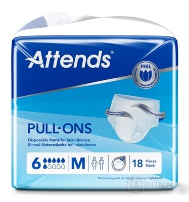 ATTENDS Pull-Ons 6 M elastické inkontinenční kalhotky, savost 2099 ml, obvod boků 80-110 cm, 1x18 ks