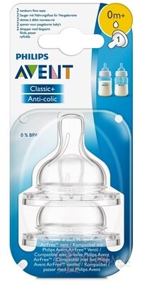 AVENT DUDLÍK na láhev Klasik 1 otvor 0M +, novorozenecký, silikonový, extra měkký, 1x2 ks