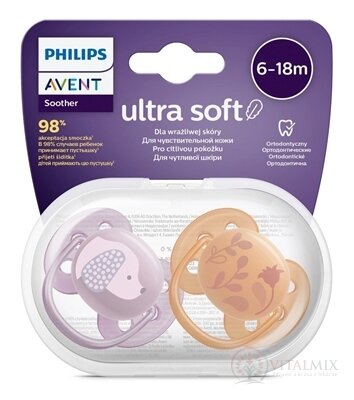 AVENT DUDLÍK Ultra Soft Premium 6-18m dívka na utišování, silikon, FlexiFit, zvířátko 1x2 ks