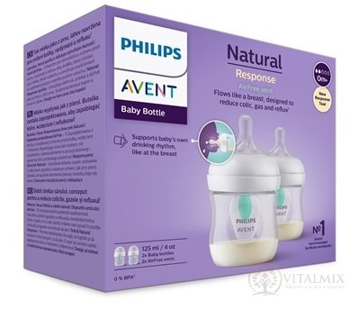 AVENT LÁHVE Natural Response 125 ml průhledná, dudlík s ventilem AirFree (0m+) 1x2 ks