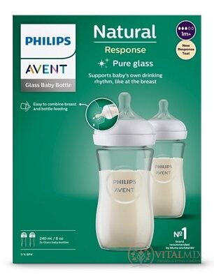 AVENT LÁHVE Natural Response 240 ml skleněná, dudlík pro podporu rytmu pití (1m+) 1x2 ks