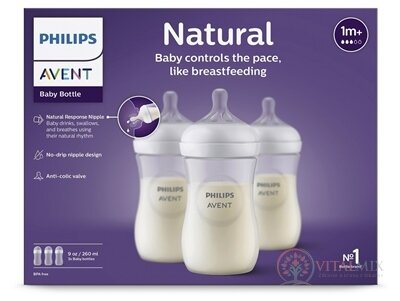 AVENT LÁHVE Natural Response 260 ml průhledná, dudlík pro podporu rytmu pití (1m+) 1x3 ks
