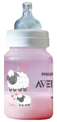 AVENT LÁHEV PP Antikolik 260 ml Růžová - ovečka, antikolikový měkký dudlík pomalý průtok 2 otvory, 1x1 ks