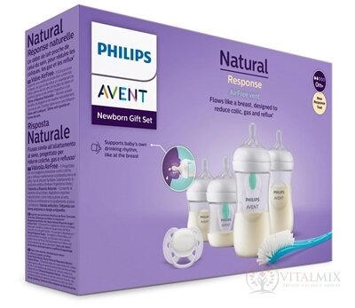 AVENT Novorozenecká SADA Natural Response s ventilem AirFree (2x láhev 125 ml, 0m+, 2x láhev 260 ml, 1m+) 1x dudlík,1x kartáček na láhev, 1x1 set