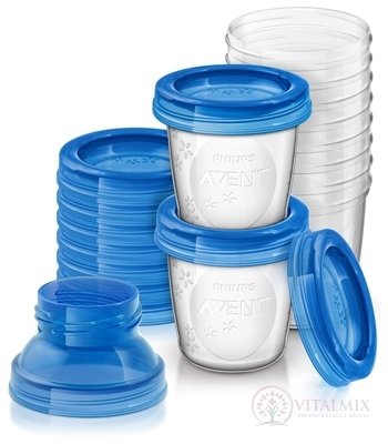 AVENT VIA zásobníky s adaptérem pohárky 180 ml x 10 ks, s víčky, adaptér, 1x1 set