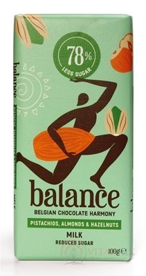 BALANCE MLÉČNÁ ČOKOLÁDA MANDLE, PISTACE, OŘECHY lískové, belgická, se sladidlem ze stévie 1x100 g