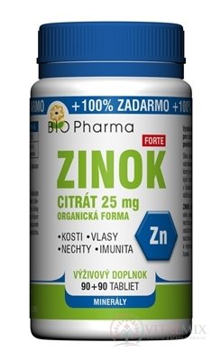 BIO Pharma ZINEK citrát Forte 25 mg tbl 90 + 90 (100% ZDARMA) (180 ks)