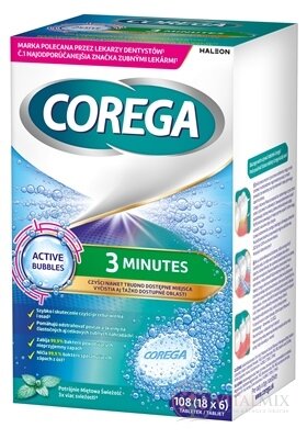 COREGA 3 Minutes Denture TABLETS antibakteriální čisticí tablety 18x6 ks (108 ks)