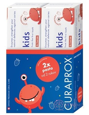 CURAPROX Kids 2+ BEZ FLUORIDU dětská zubní pasta, příchuť JAHODA 2x60 ml