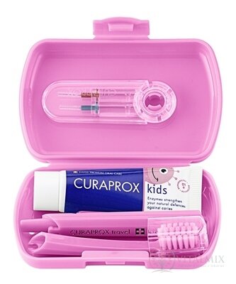 CURAPROX Kids travel set růžový (1x zubní kartáček, 2x mezizubní kartáček CPS, 1x zubní pasta meloun 6+ 10 ml, 1x nálepka) 1x1 set
