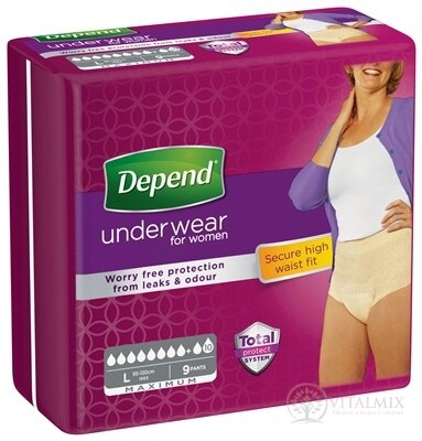 DEPEND MAXIMUM L pro ženy natahovací kalhotky, obvod boků 95-130 cm, prodyšné, 1x9 ks