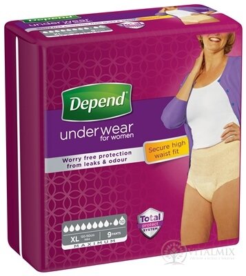 DEPEND MAXIMUM XL pro ženy natahovací kalhotky, obvod boků 120-150 cm, prodyšné, 1x9 ks