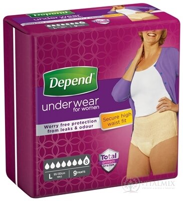 DEPEND SUPER L pro ženy natahovací kalhotky, obvod boků 95-130 cm, (2017) 1x9 ks