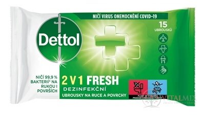 Dettol 2v1 FRESH Dezinfekční ubrousky na ruce a povrchy 1x15 ks