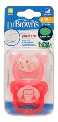Dr.BROWN´S DUDLÍK PreVent ORTODONT SVÍTÍCÍ 6-18M, růžový, 1x2 ks