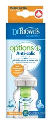 Dr.BROWN&#39;S KOJENECKÁ LÁHEV OPTIONS + 150 ml Wide-neck, 0M +, anti-Colic, plastová, bílá (se silikonovým dudlíkem level-1) 1x1 ks