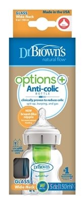 Dr.BROWN&#39;S KOJENECKÁ LÁHEV OPTIONS + 150 ml Wide-neck, 0M +, anti-Colic, skleněná, bílá (se silikonovým dudlíkem level-1) 1x1 ks