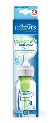 Dr.BROWN&#39;S KOJENECKÁ LÁHEV OPTIONS + 250 ml Narrow, 0M +, anti-Colic, plastová, bílá (se silikonovým dudlíkem level-1) 1x1 ks