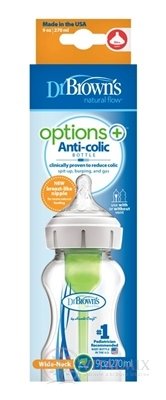 Dr.BROWN&#39;S KOJENECKÁ LÁHEV OPTIONS + 270 ml Wide-neck, 0M +, anti-Colic, plastová, bílá (se silikonovým dudlíkem level-1) 1x1 ks