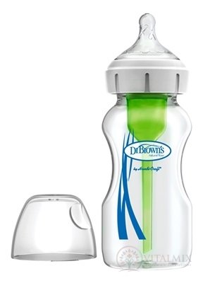 Dr.BROWN&#39;S KOJENECKÁ LÁHEV OPTIONS + 270 ml Wide-neck, 0M +, anti-Colic, skleněná, bílá (se silikonovým dudlíkem level-1) 1x1 ks