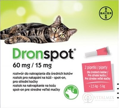 Dronspot 60 mg/15 mg spot-on (2 pipety) pro středně velké kočky (>2,5 - 5 kg) 2x0,7 ml
